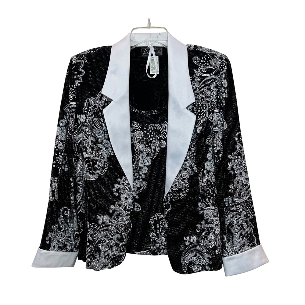 Alex Evenings 2 Piece Jacket Set Womens XLP Black Silver Paisley Metallic NWT